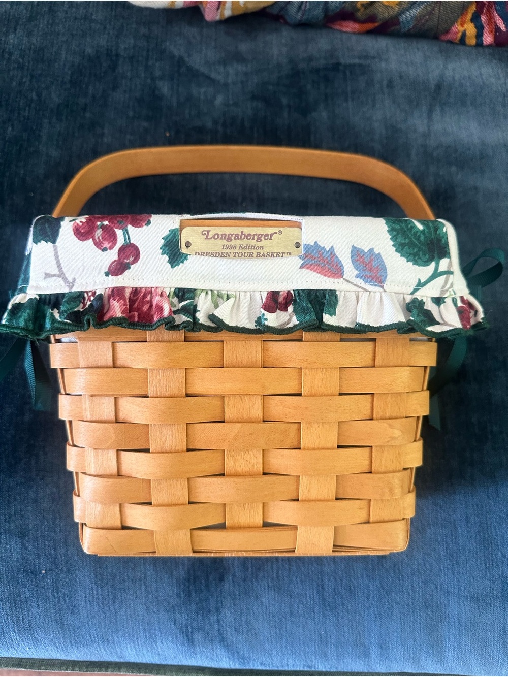Longaberger Dresden Tour Basket with Floral Liner and Protector - Natural Wood